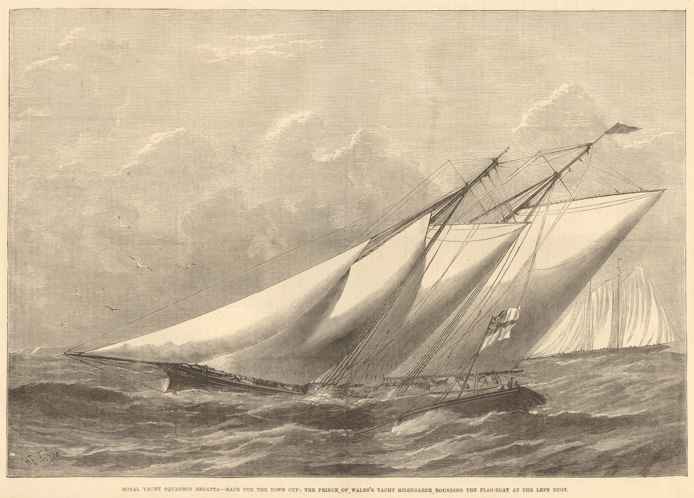 Royal Yacht Squadron Regatta: Hildegarde rounding the flag-boat, Lepe Buoy 1876